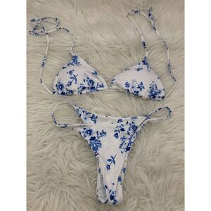 Zaful Womens Blue & White Floral Bikini Set Ribbed Adjustable Straps US 4‎ NWOT
